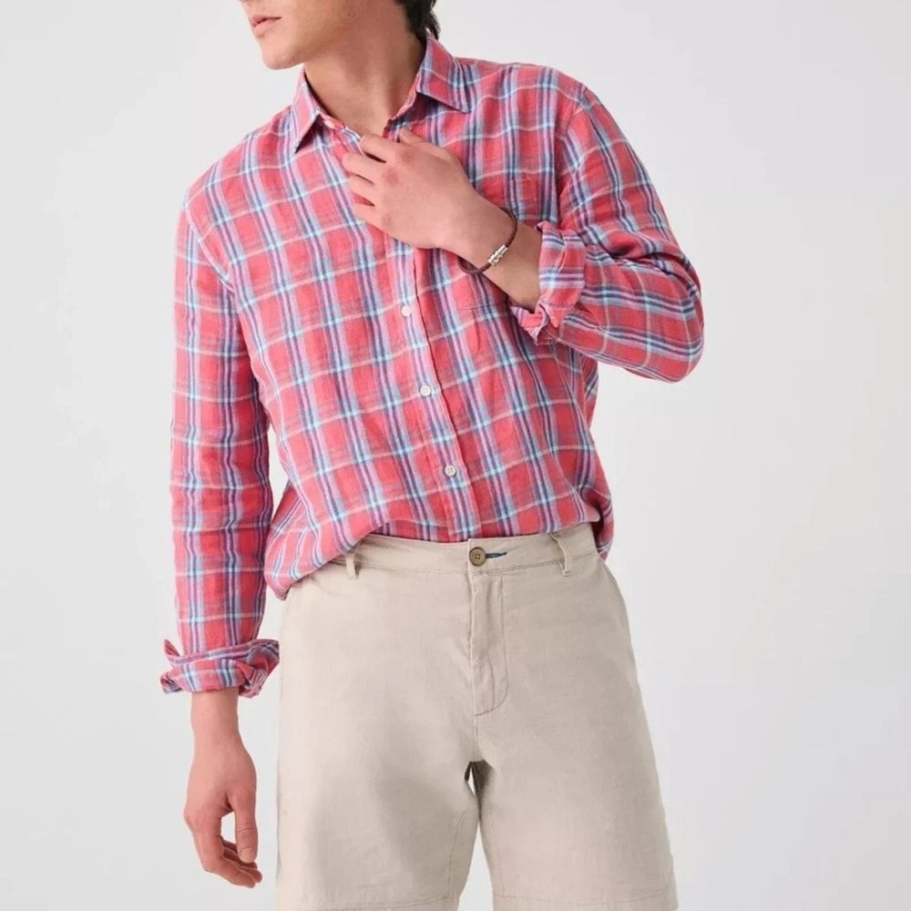 FAHERTY LIGHTWEIGHT LINEN PLAID BUTTON DOWN SHIRT CORAL & BLUE SIZE LARGE